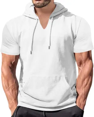 Mens Short Sleeve Hoodie Workout Gym Sweatshirts Casual Lightweight Athletic Muscle Hoodies Pullover Cotton Hooded T-Shirts