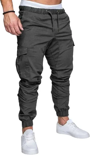 Men's Solid Drawstring Comfort Joggers Pants Casual Elastic Waist Cargo Trousers Cotton Baggy Work Hiking Pants