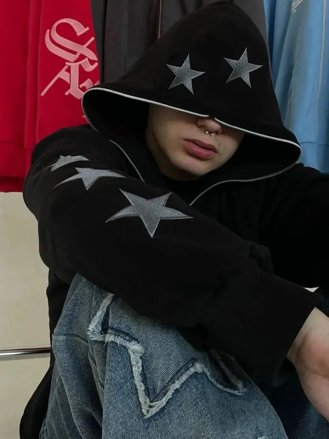 Men's Star Embroidery Zip Up Hoodie
