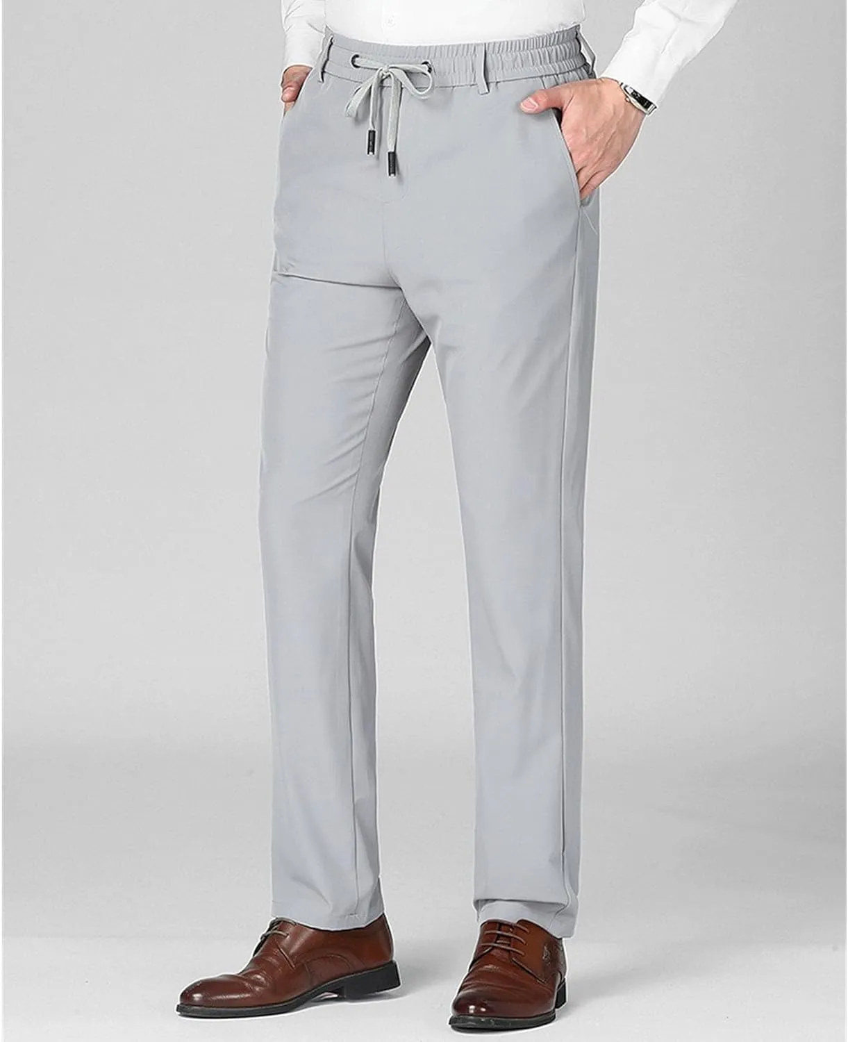 Men's Stretch Casual Straight Leg Dress Pants Drawstring Elastic Waist Solid Trousers Quick Dry Summer Outdoor Pants