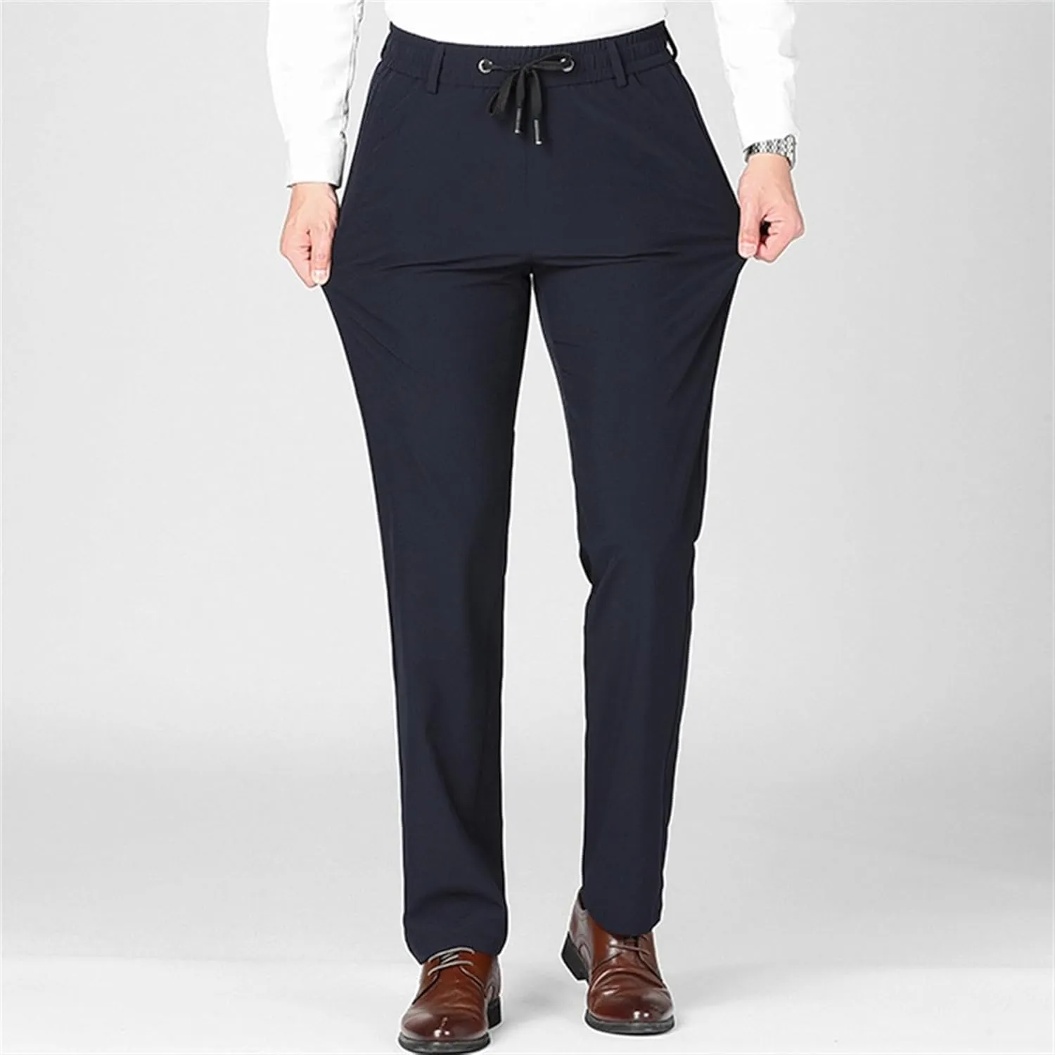 Men's Stretch Casual Straight Leg Dress Pants Drawstring Elastic Waist Solid Trousers Quick Dry Summer Outdoor Pants