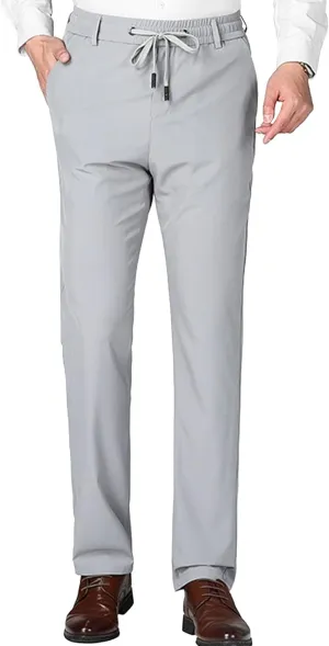Men's Stretch Casual Straight Leg Dress Pants Drawstring Elastic Waist Solid Trousers Quick Dry Summer Outdoor Pants
