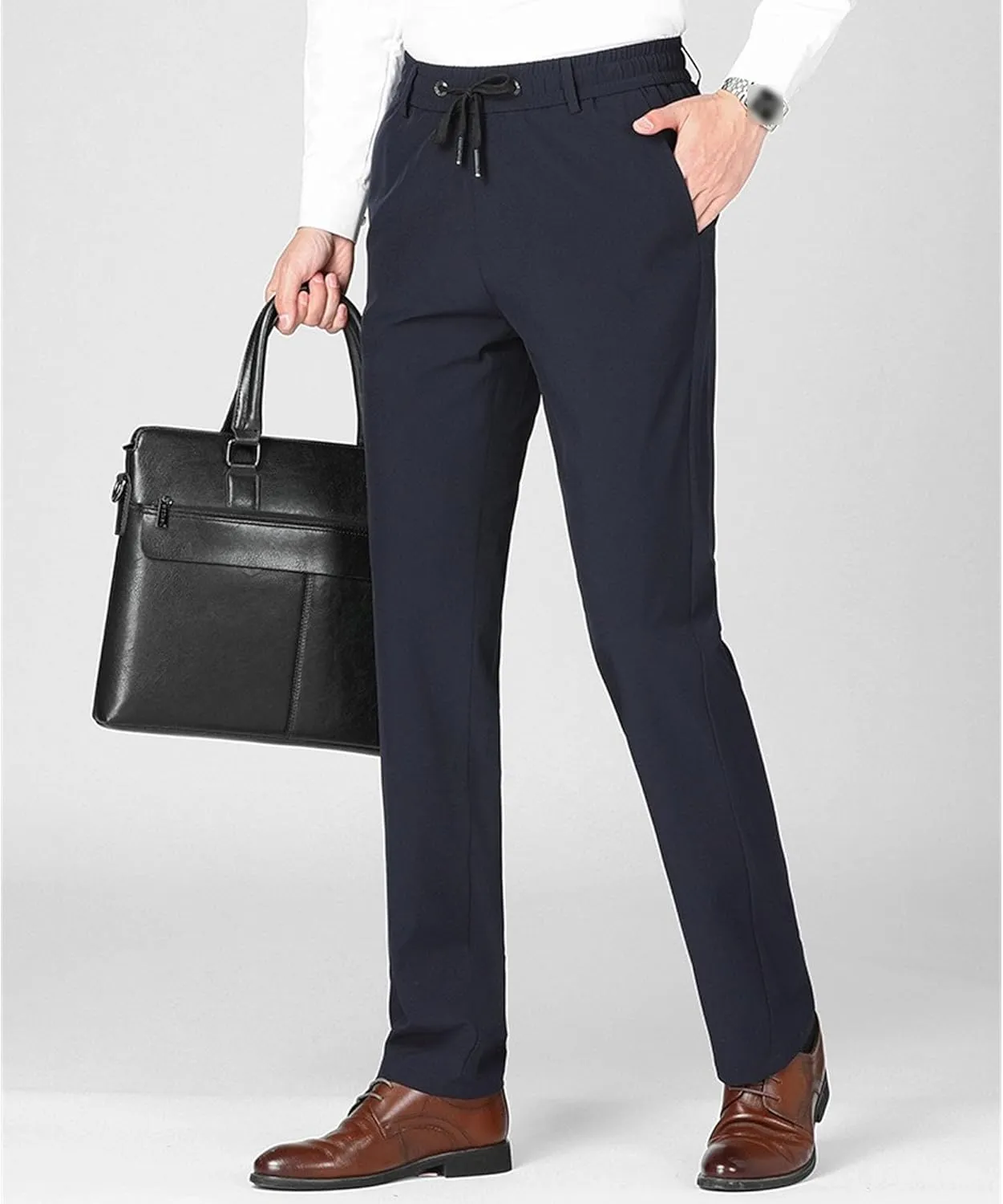 Men's Stretch Casual Straight Leg Dress Pants Drawstring Elastic Waist Solid Trousers Quick Dry Summer Outdoor Pants