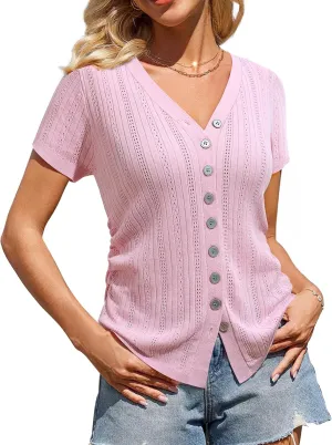 Messic Womens Short Sleeve Sweaters V Neck Casual Summer Knit Pullover Tops