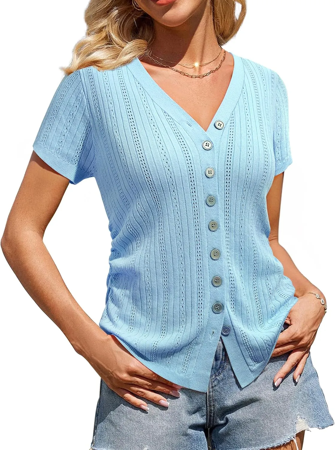 Messic Womens Short Sleeve Sweaters V Neck Casual Summer Knit Pullover Tops