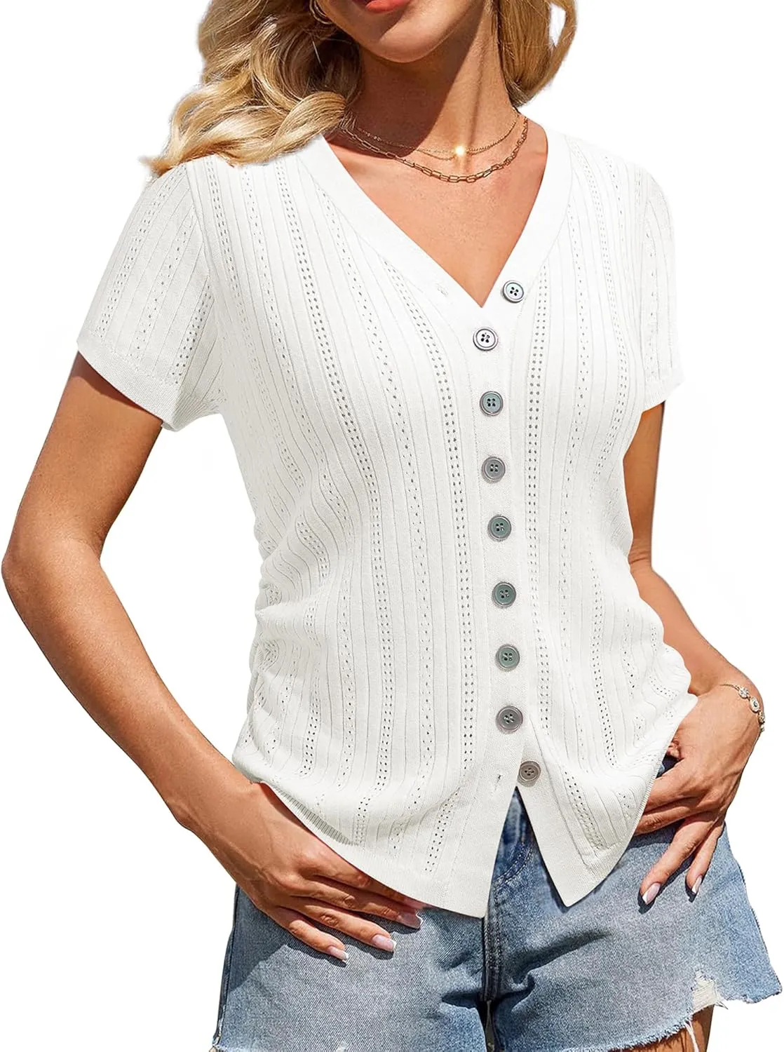 Messic Womens Short Sleeve Sweaters V Neck Casual Summer Knit Pullover Tops