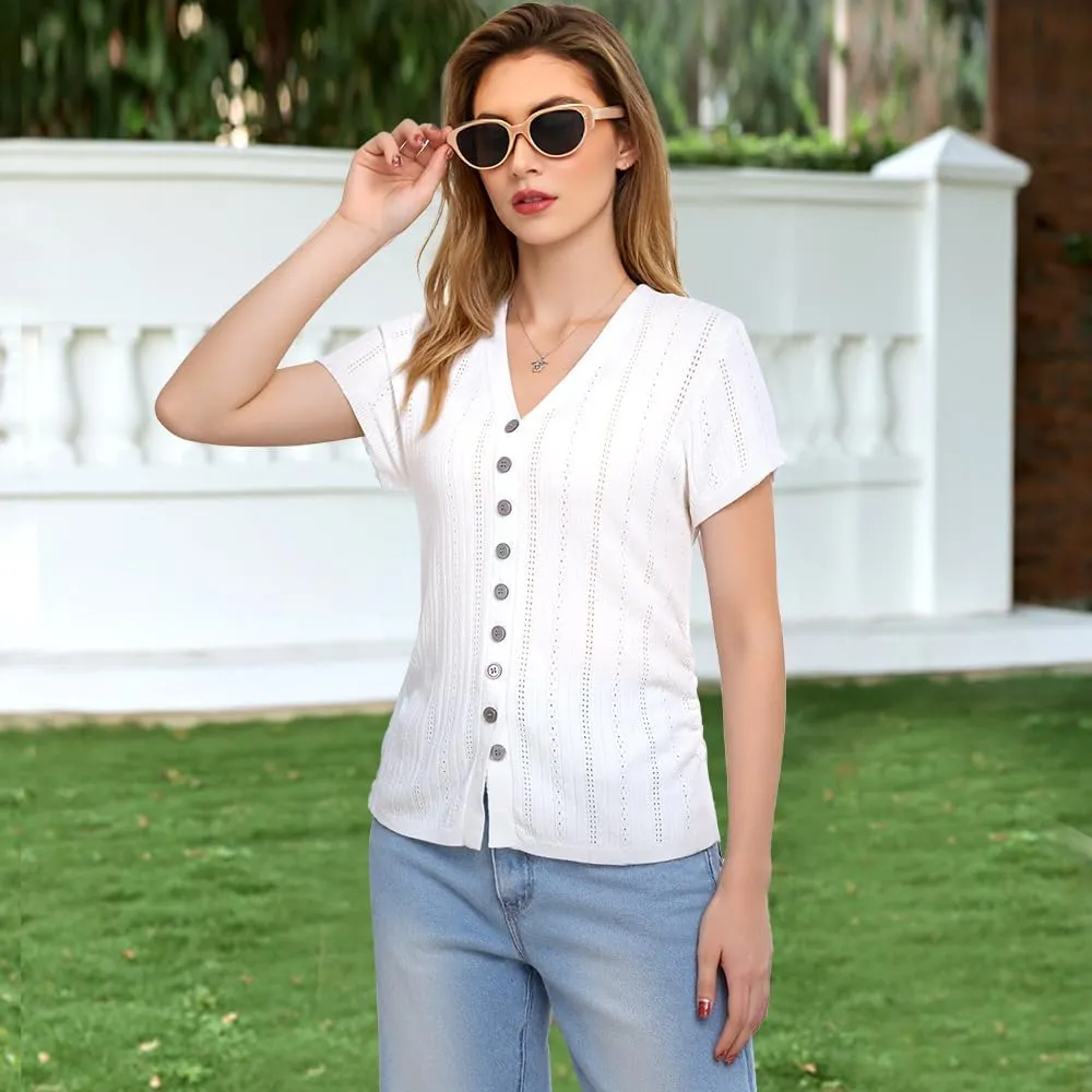 Messic Womens Short Sleeve Sweaters V Neck Casual Summer Knit Pullover Tops