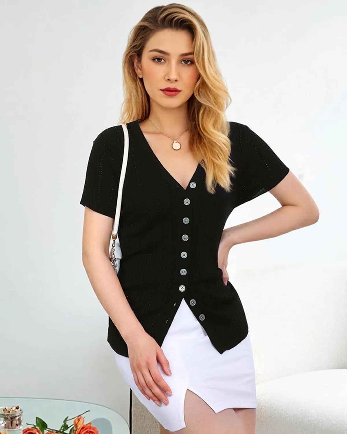 Messic Womens Short Sleeve Sweaters V Neck Casual Summer Knit Pullover Tops