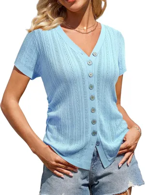 Messic Womens Short Sleeve Sweaters V Neck Casual Summer Knit Pullover Tops