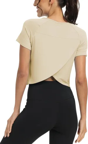 Mippo Workout Tops for Women Cropped Split Back Athletic Gym Exercise Shirts Loose Fit