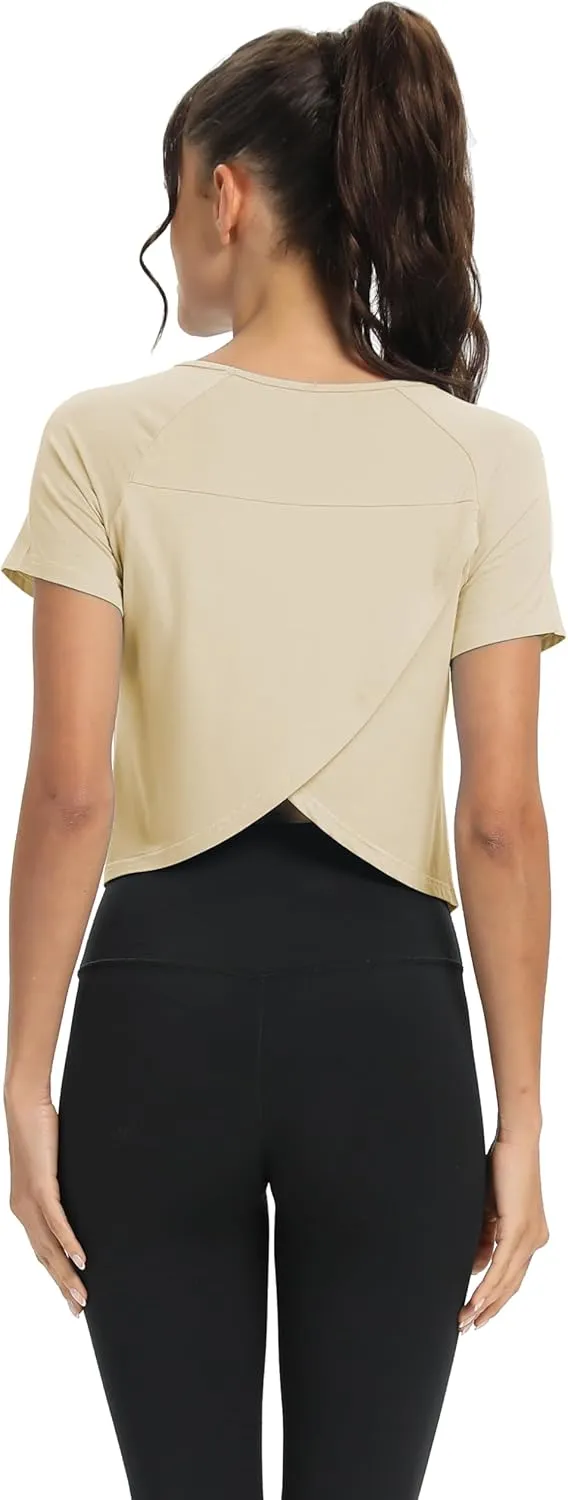 Mippo Workout Tops for Women Cropped Split Back Athletic Gym Exercise Shirts Loose Fit