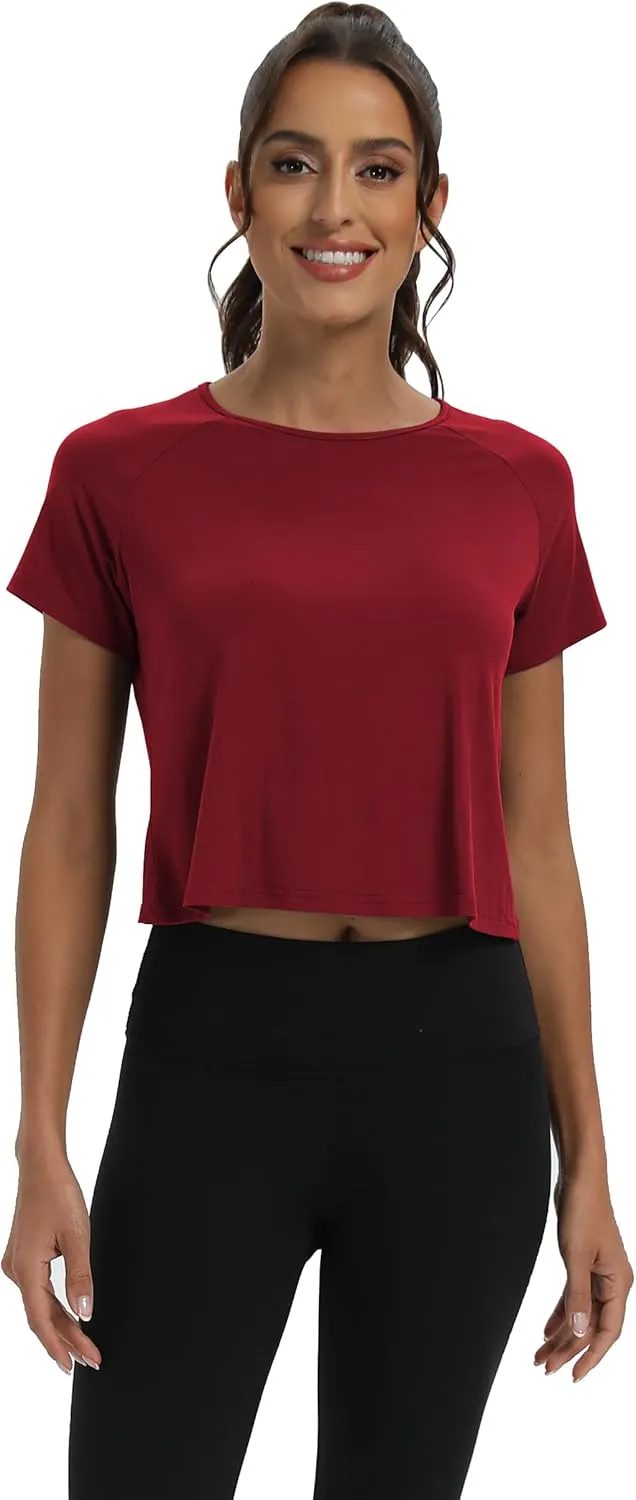 Mippo Workout Tops for Women Cropped Split Back Athletic Gym Exercise Shirts Loose Fit