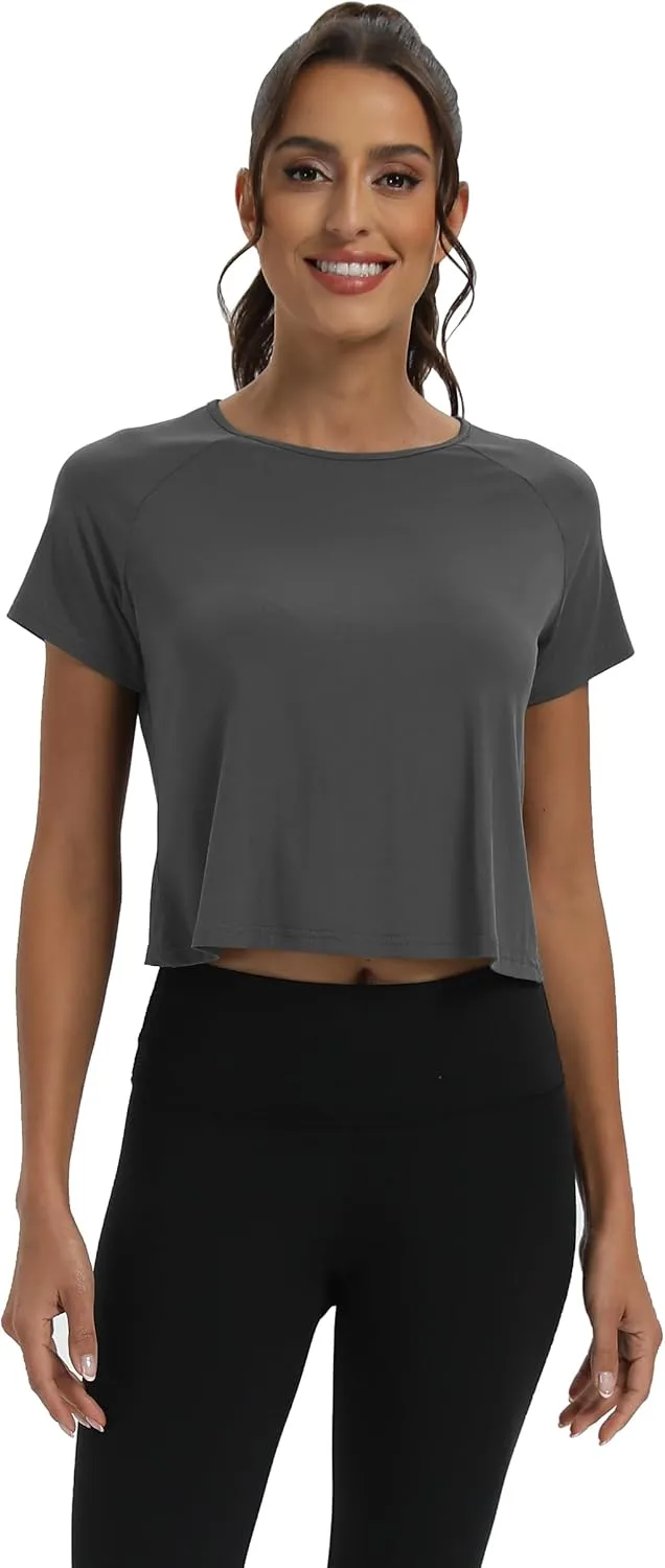 Mippo Workout Tops for Women Cropped Split Back Athletic Gym Exercise Shirts Loose Fit