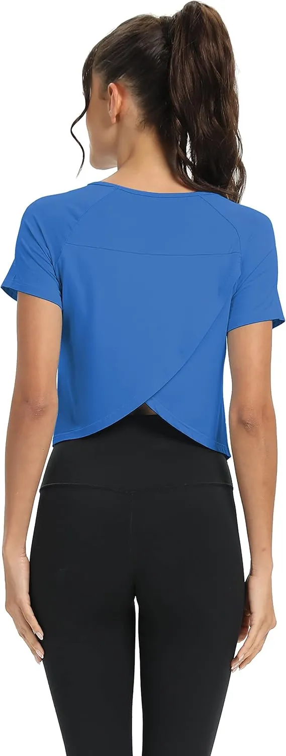 Mippo Workout Tops for Women Cropped Split Back Athletic Gym Exercise Shirts Loose Fit