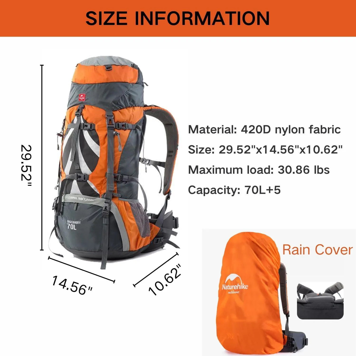 Naturehike 70 5L Lightweight Hiking Backpack, Tear-resistant Fabrics-Light CR Carrying System-Comfortable Weight-Bearing(Orange)