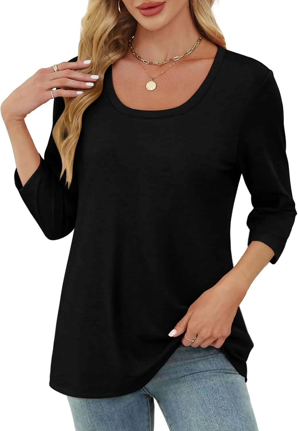 OFEEFAN 3/4 Length Sleeve Womens Tops Scoop Neck Tunic Tops Loose Fit Shirts Dressy Casual Blouses S-3XL