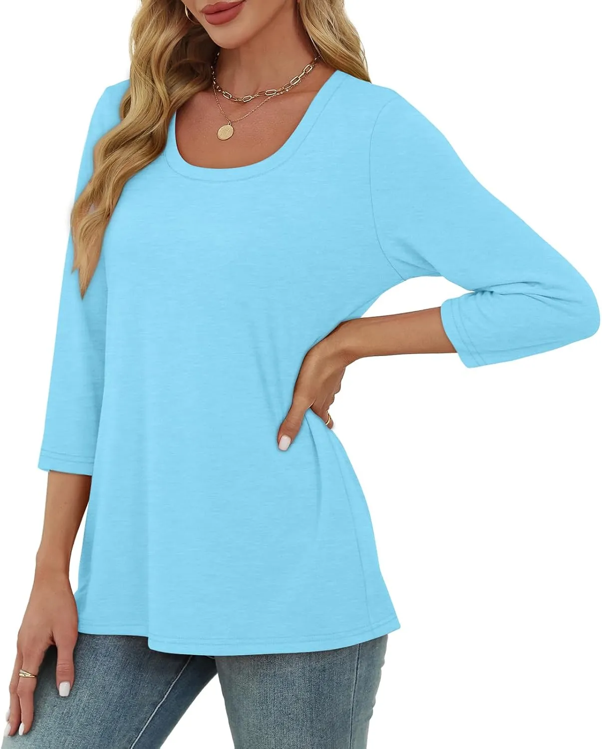 OFEEFAN 3/4 Length Sleeve Womens Tops Scoop Neck Tunic Tops Loose Fit Shirts Dressy Casual Blouses S-3XL