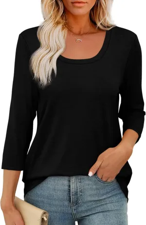 OFEEFAN 3/4 Length Sleeve Womens Tops Scoop Neck Tunic Tops Loose Fit Shirts Dressy Casual Blouses S-3XL