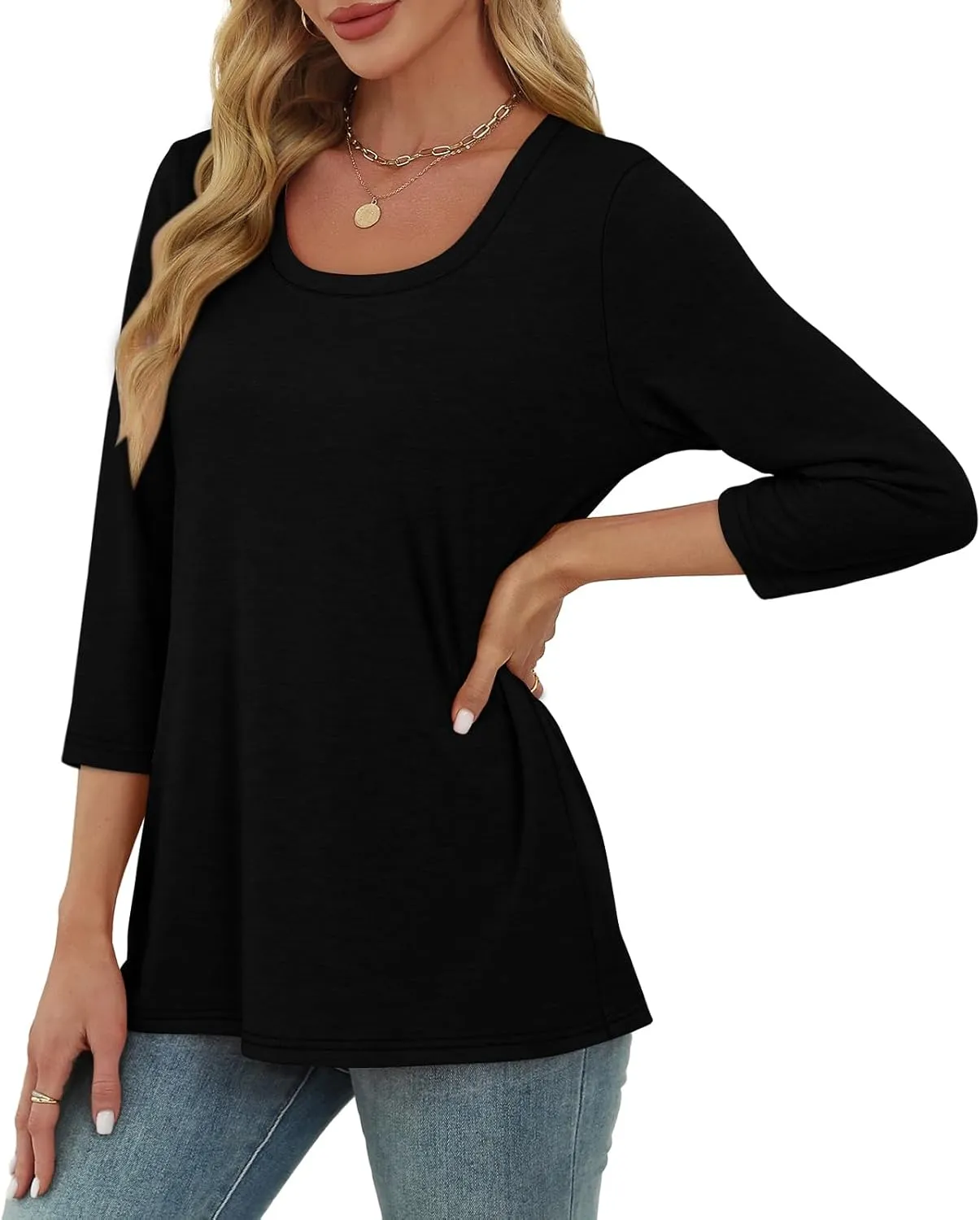 OFEEFAN 3/4 Length Sleeve Womens Tops Scoop Neck Tunic Tops Loose Fit Shirts Dressy Casual Blouses S-3XL
