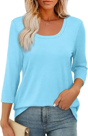 OFEEFAN 3/4 Length Sleeve Womens Tops Scoop Neck Tunic Tops Loose Fit Shirts Dressy Casual Blouses S-3XL