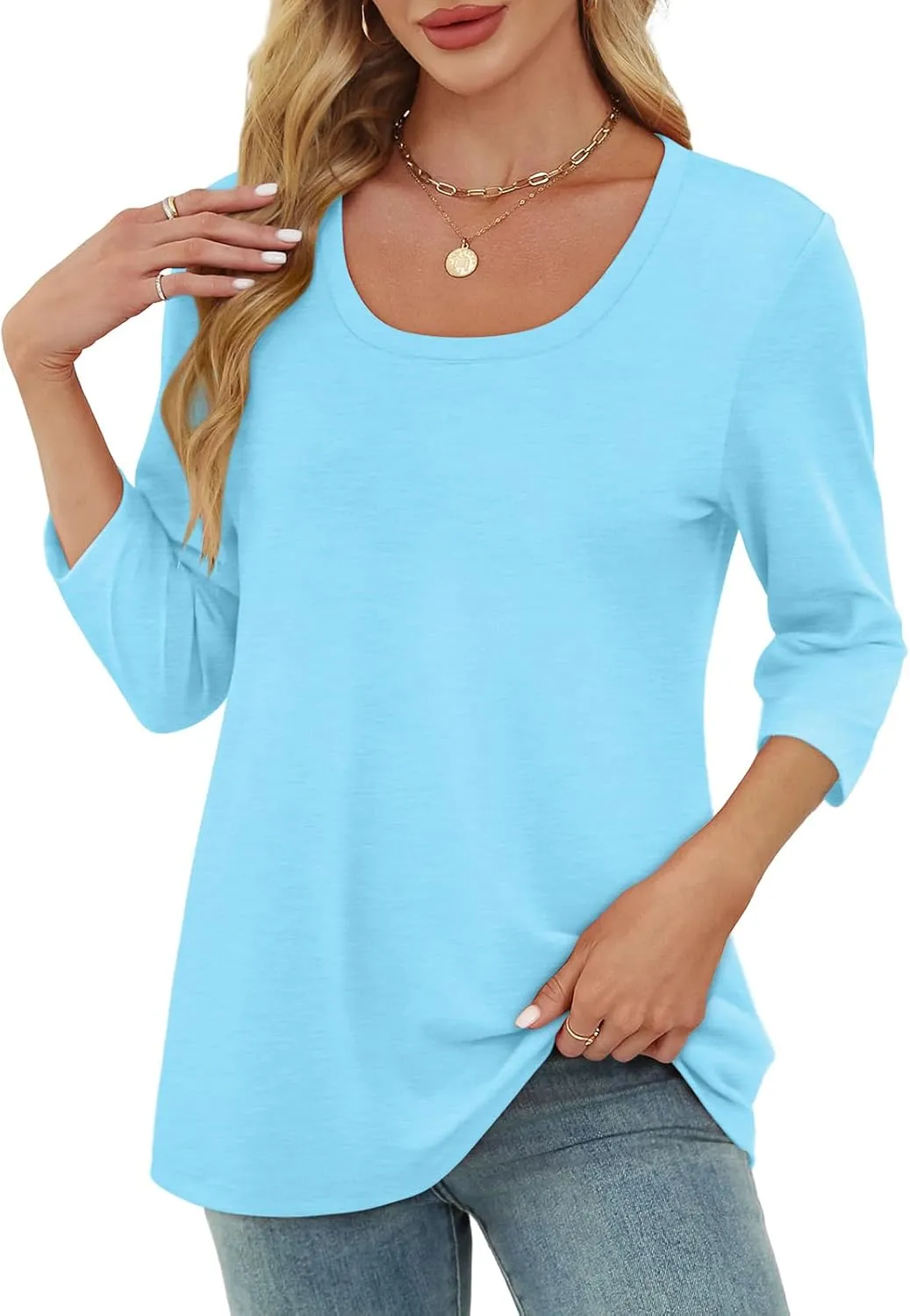 OFEEFAN 3/4 Length Sleeve Womens Tops Scoop Neck Tunic Tops Loose Fit Shirts Dressy Casual Blouses S-3XL