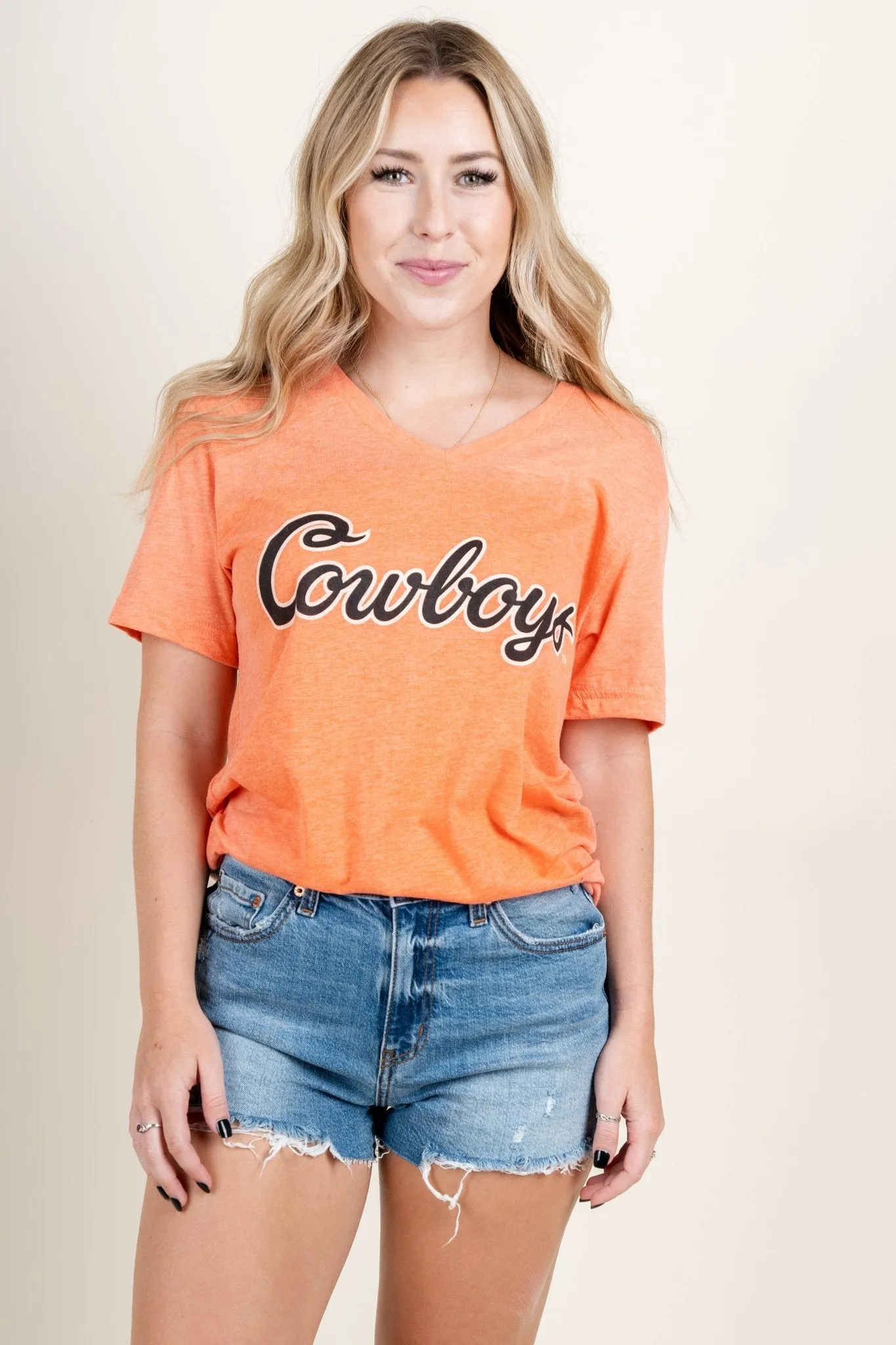 OSU Cowboys classic script v-neck t-shirt orange