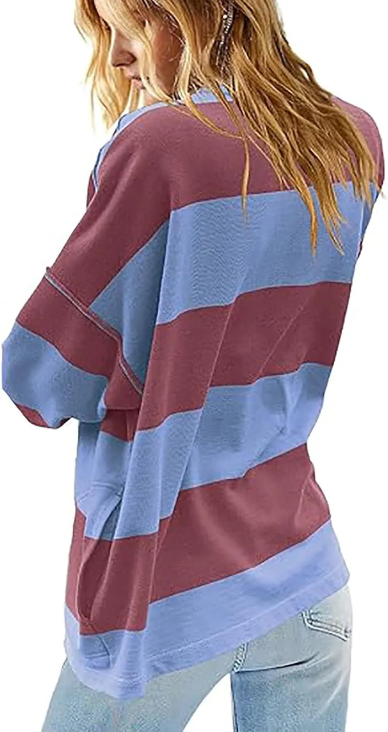 Oversized Striped Long Sleeve Sweatshirts For Women Half Zip Casual Loose Pullover Hoodies Fall Tops With Pockets