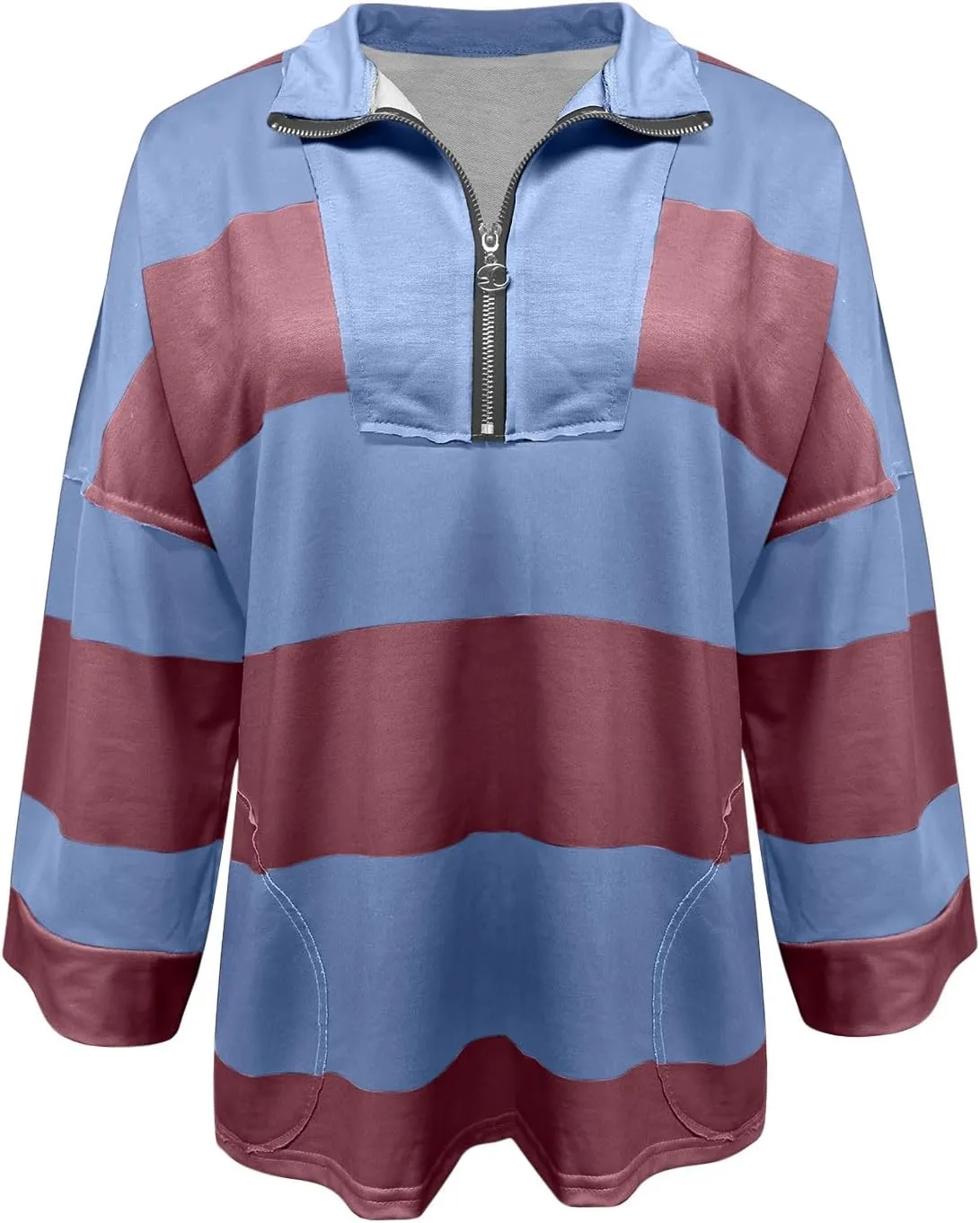 Oversized Striped Long Sleeve Sweatshirts For Women Half Zip Casual Loose Pullover Hoodies Fall Tops With Pockets