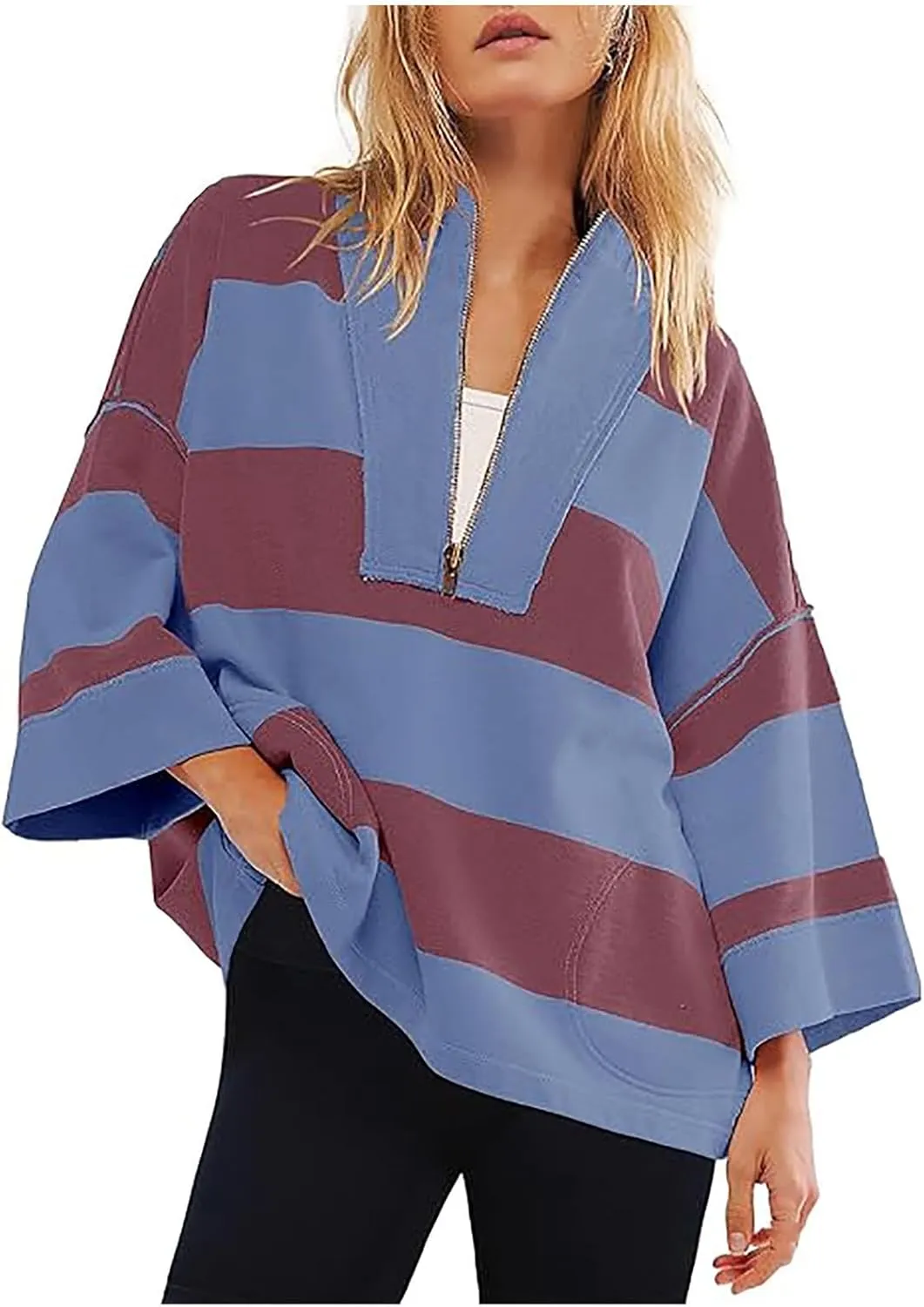 Oversized Striped Long Sleeve Sweatshirts For Women Half Zip Casual Loose Pullover Hoodies Fall Tops With Pockets