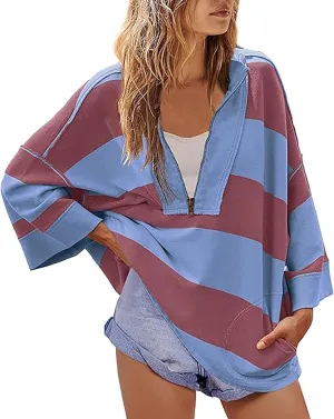Oversized Striped Long Sleeve Sweatshirts For Women Half Zip Casual Loose Pullover Hoodies Fall Tops With Pockets