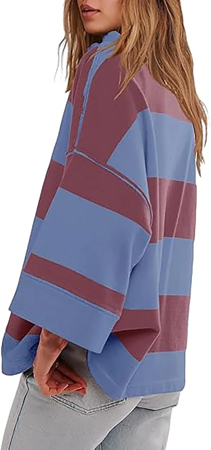 Oversized Striped Long Sleeve Sweatshirts For Women Half Zip Casual Loose Pullover Hoodies Fall Tops With Pockets