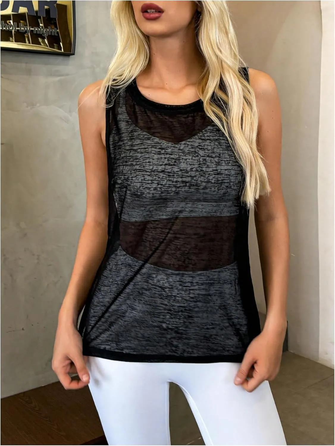 OYOANGLE Women's Sheer Sleeveless Crew Neck Sports Tank Top Sleeveless Athletic Workout Shirts