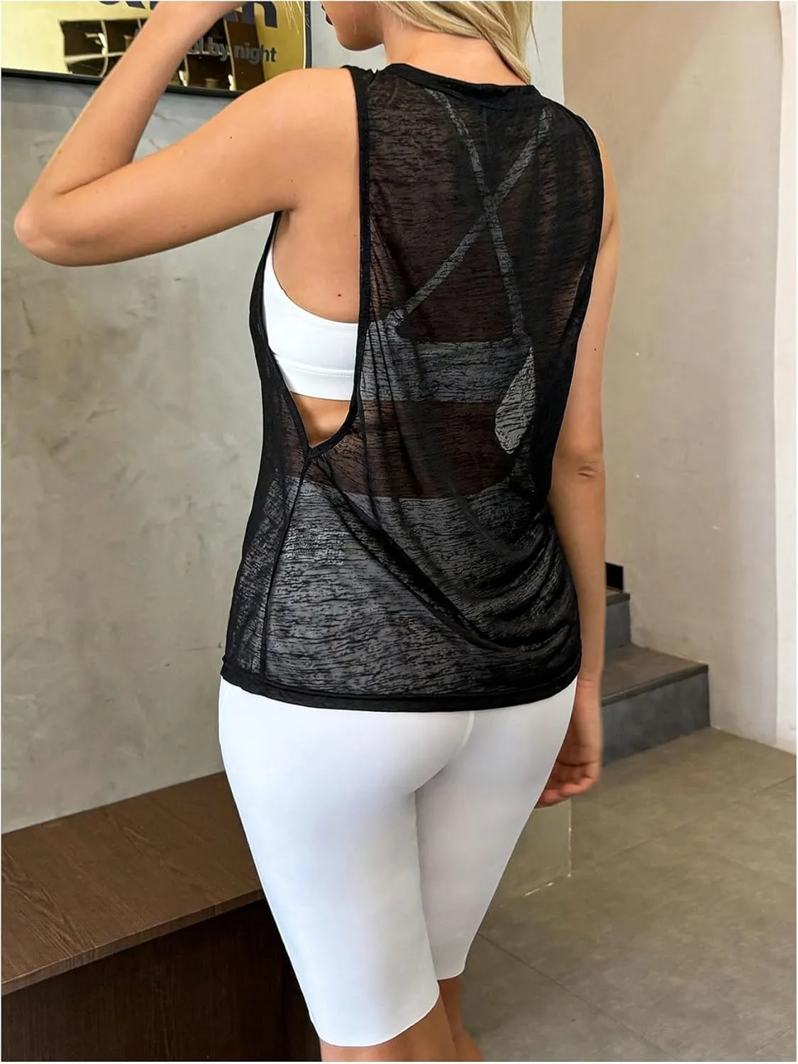 OYOANGLE Women's Sheer Sleeveless Crew Neck Sports Tank Top Sleeveless Athletic Workout Shirts