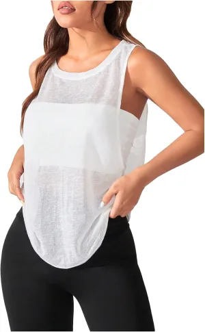 OYOANGLE Women's Sheer Sleeveless Crew Neck Sports Tank Top Sleeveless Athletic Workout Shirts