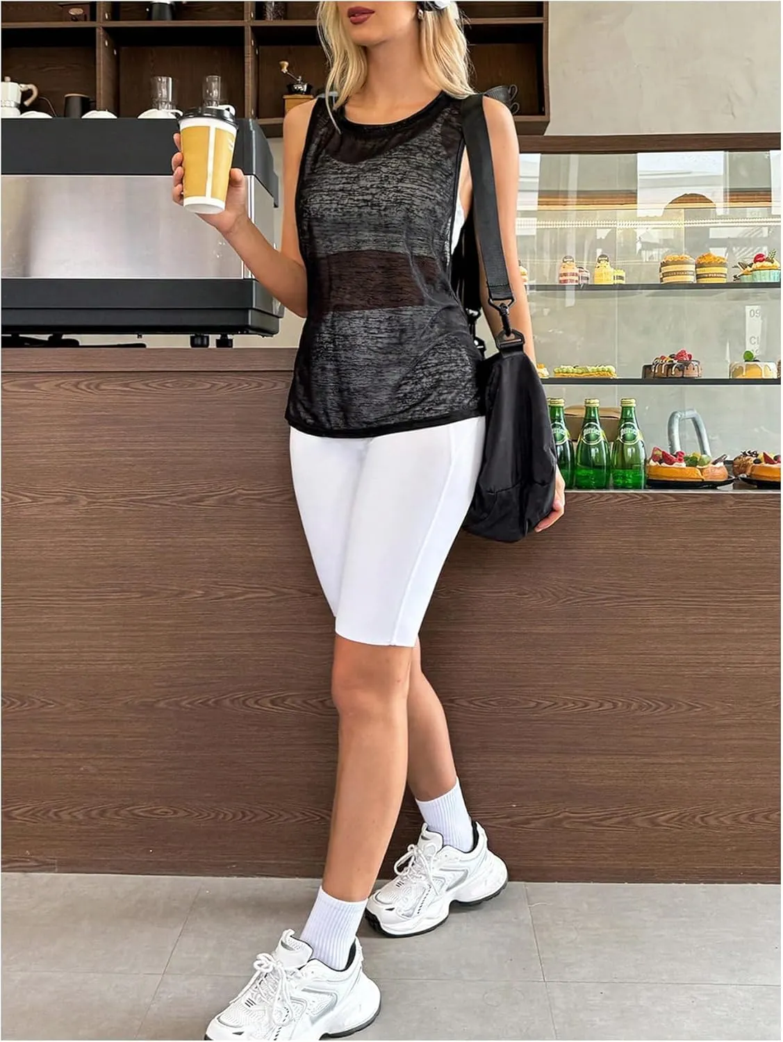 OYOANGLE Women's Sheer Sleeveless Crew Neck Sports Tank Top Sleeveless Athletic Workout Shirts