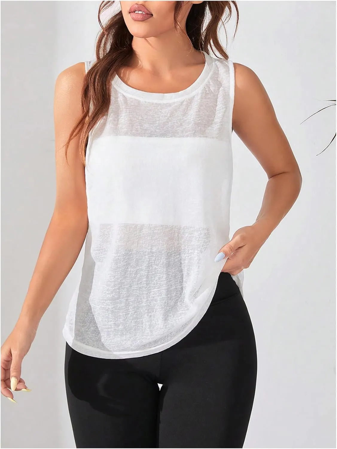 OYOANGLE Women's Sheer Sleeveless Crew Neck Sports Tank Top Sleeveless Athletic Workout Shirts