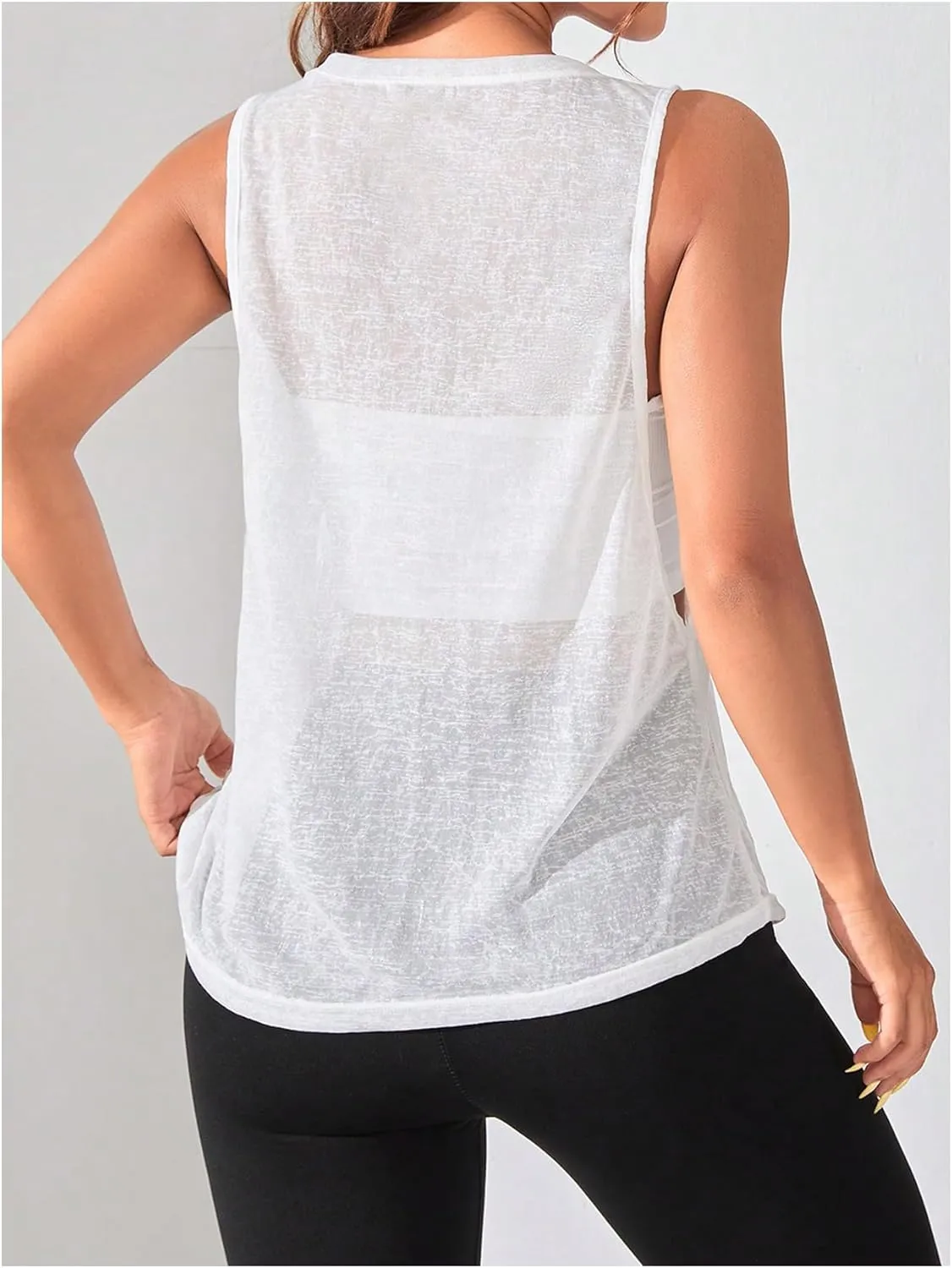 OYOANGLE Women's Sheer Sleeveless Crew Neck Sports Tank Top Sleeveless Athletic Workout Shirts