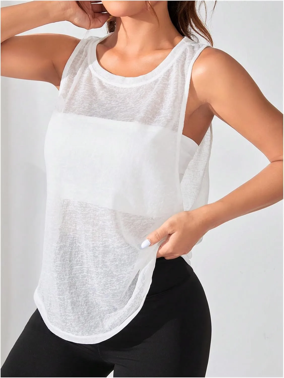 OYOANGLE Women's Sheer Sleeveless Crew Neck Sports Tank Top Sleeveless Athletic Workout Shirts