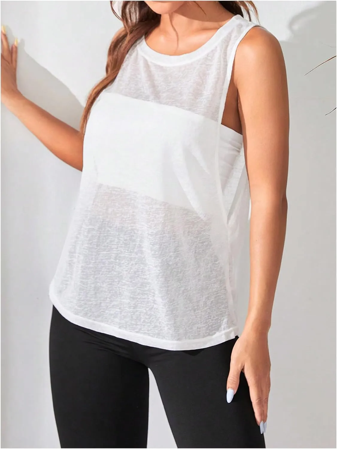 OYOANGLE Women's Sheer Sleeveless Crew Neck Sports Tank Top Sleeveless Athletic Workout Shirts