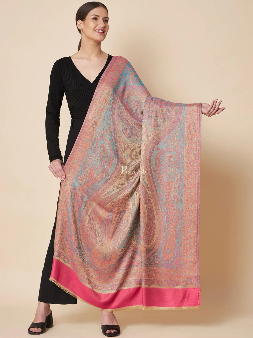 Pashtush Womens Extra Soft Bamboo Shawl, Extra Soft Jamawar Paisley Design, Multicolour