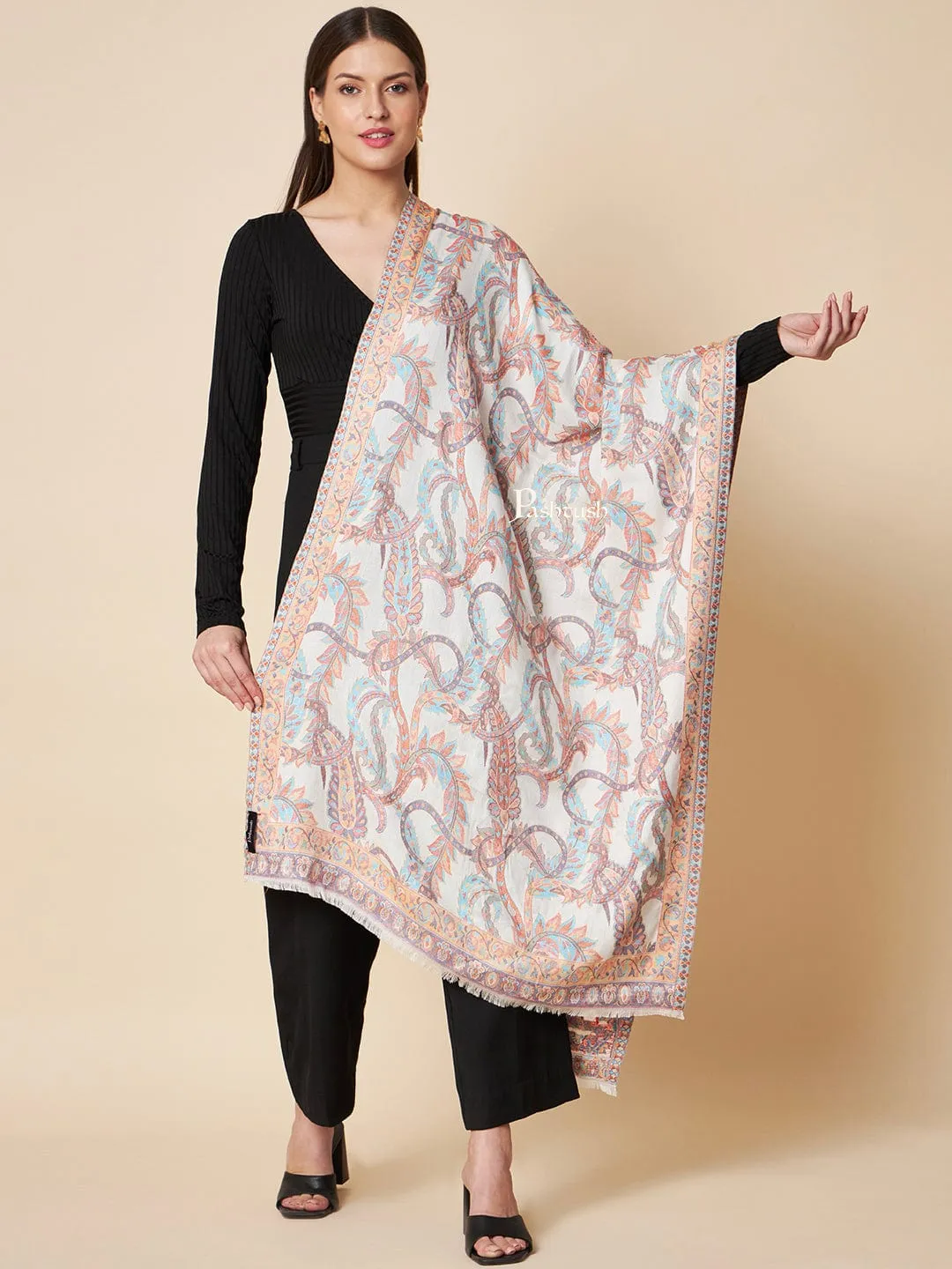 Pashtush Womens Extra Soft Bamboo Stole, Peruvian Paisleys Woven Design, Ivory