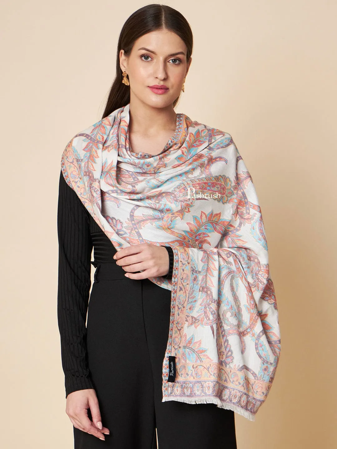 Pashtush Womens Extra Soft Bamboo Stole, Peruvian Paisleys Woven Design, Ivory