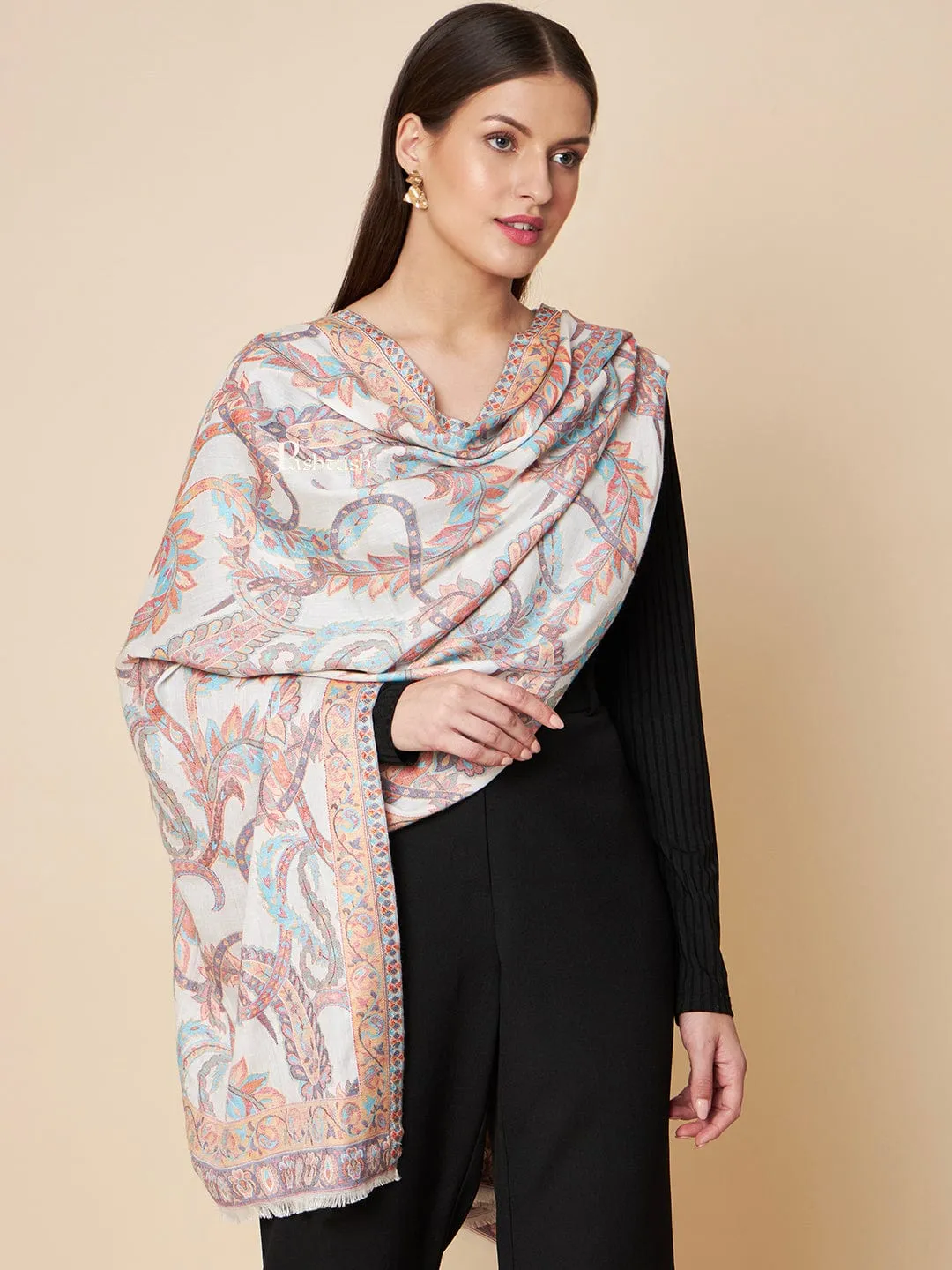Pashtush Womens Extra Soft Bamboo Stole, Peruvian Paisleys Woven Design, Ivory