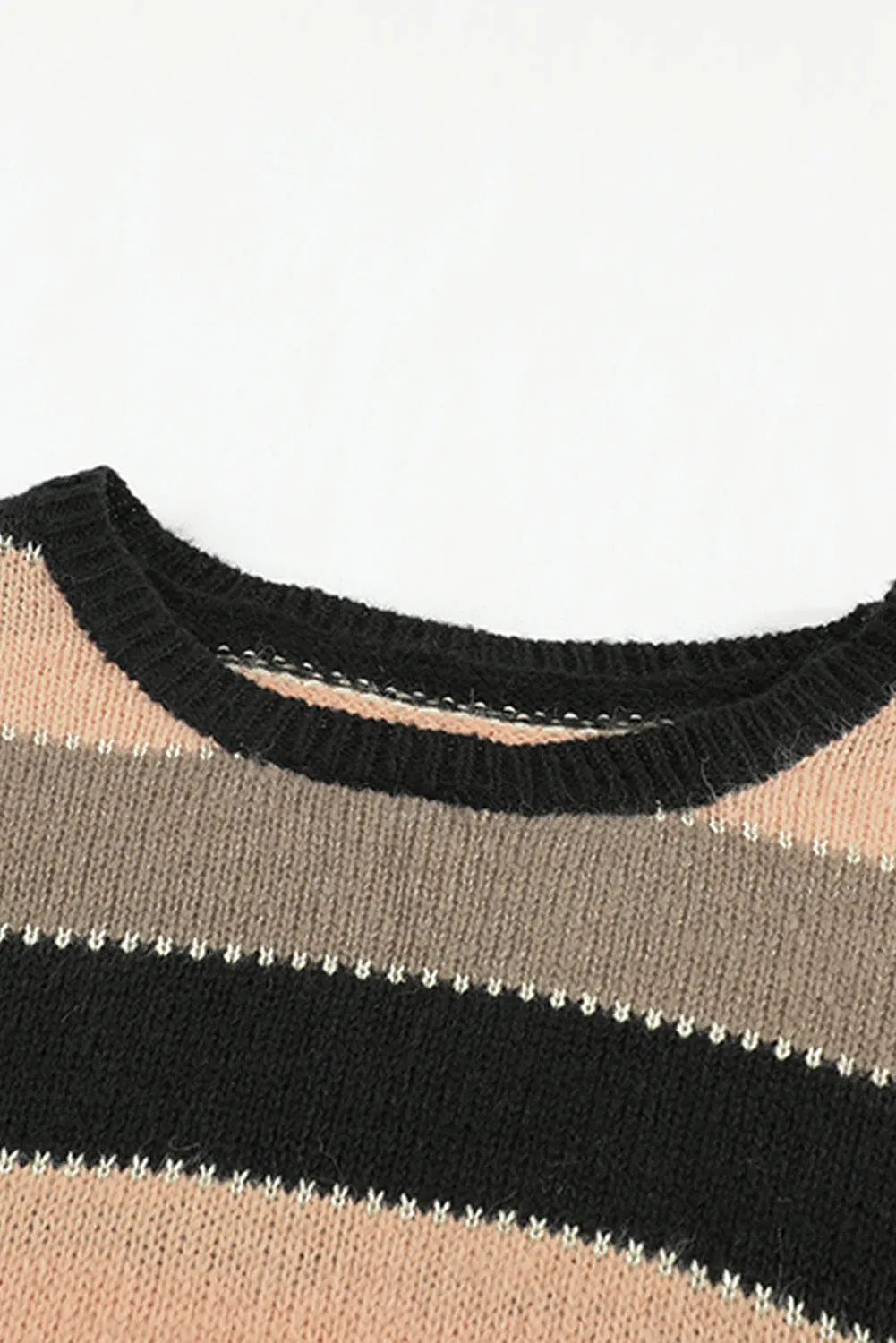 Pink Drop-Shoulder Sleeve Striped Patchwork Pullover Sweater