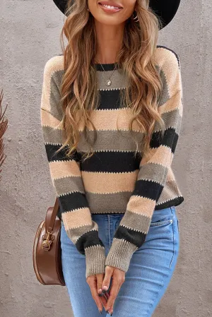 Pink Drop-Shoulder Sleeve Striped Patchwork Pullover Sweater