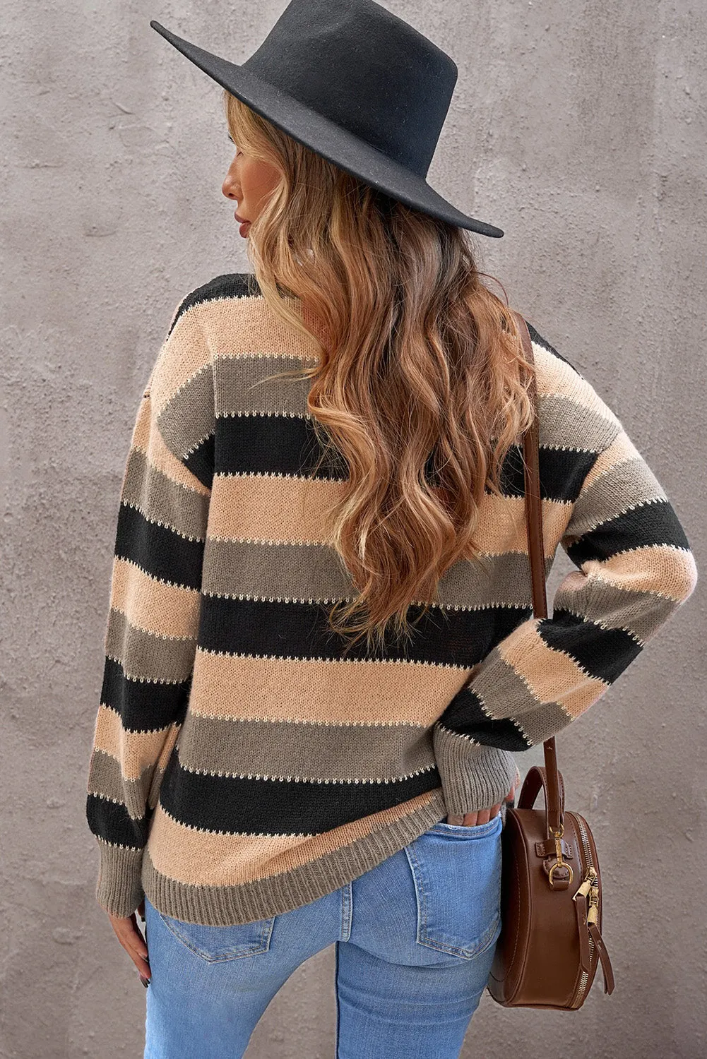 Pink Drop-Shoulder Sleeve Striped Patchwork Pullover Sweater