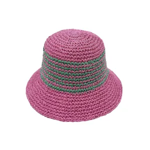 Pink Green Stripe Straw Bucket Hat