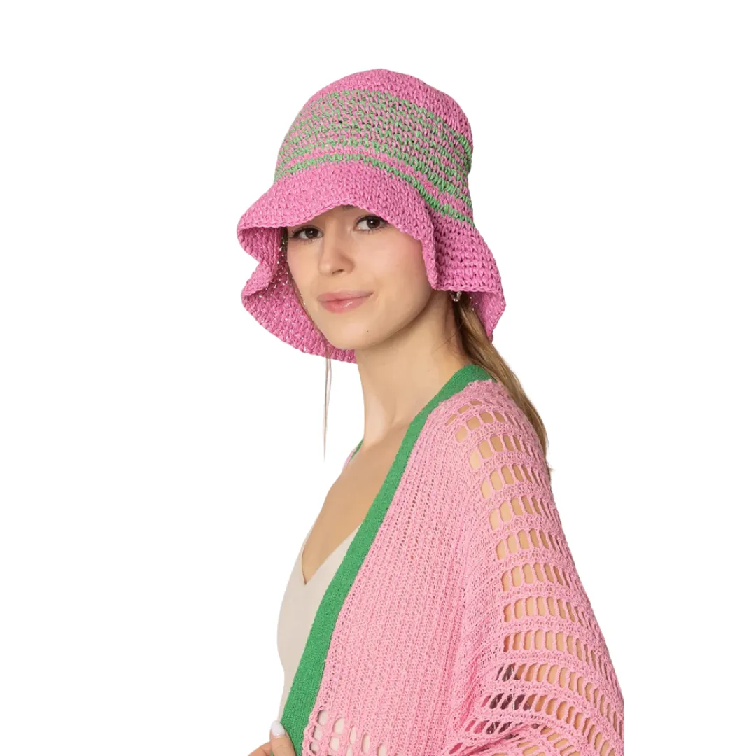 Pink Green Stripe Straw Bucket Hat