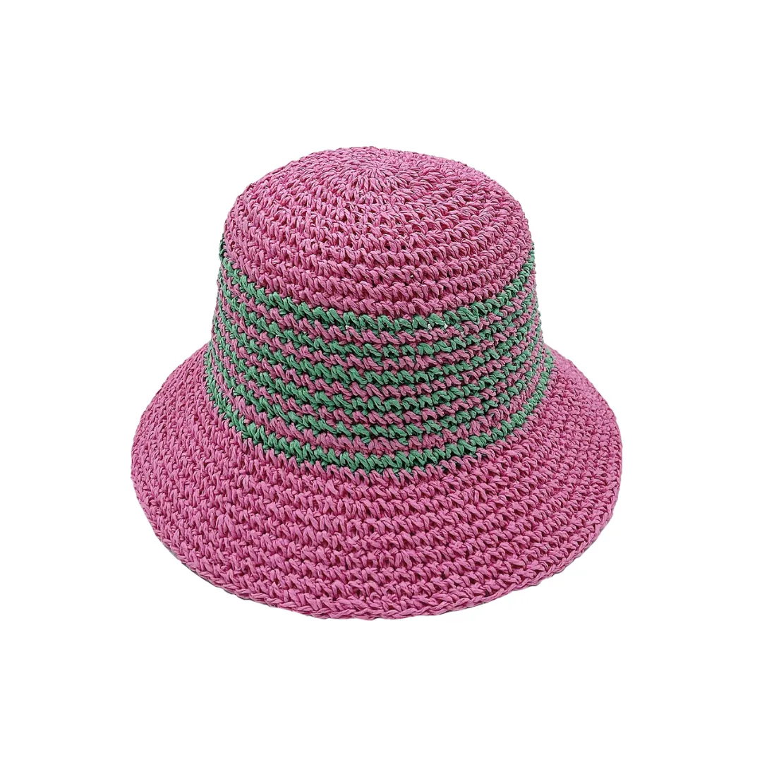 Pink Green Stripe Straw Bucket Hat
