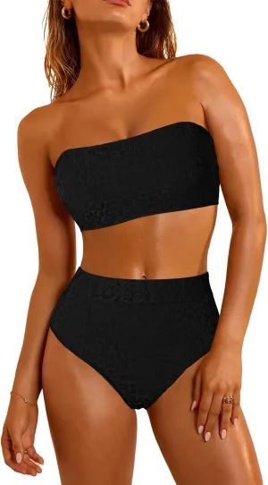 Pink Queen Women 2 Piece Bandeau Swimsuits Strapless Textured Bikini Set High Waisted Bathing Suits